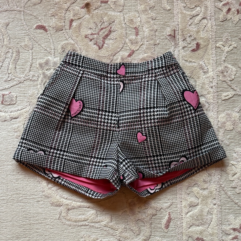 Girls Black & White Plaid Shorts with Pink Heart Accents